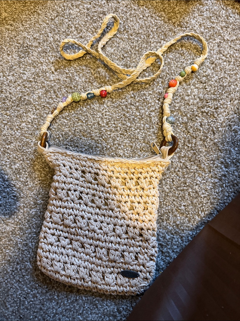 Woven Crochet Crossbody Bag with Beaded Strap - Cream